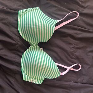 Green and White Striped Bra with Pink Straps